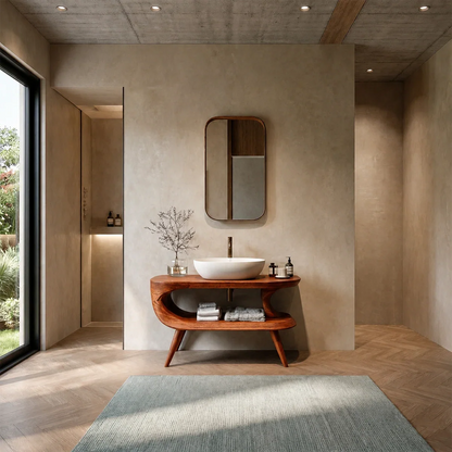 Sculptural Open Shelf Bathroom Vanity Natural Solid Wood Curved Frame