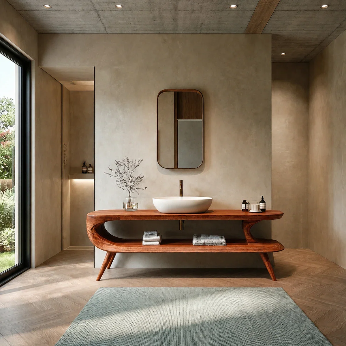 Sculptural Open Shelf Bathroom Vanity Natural Solid Wood Curved Frame