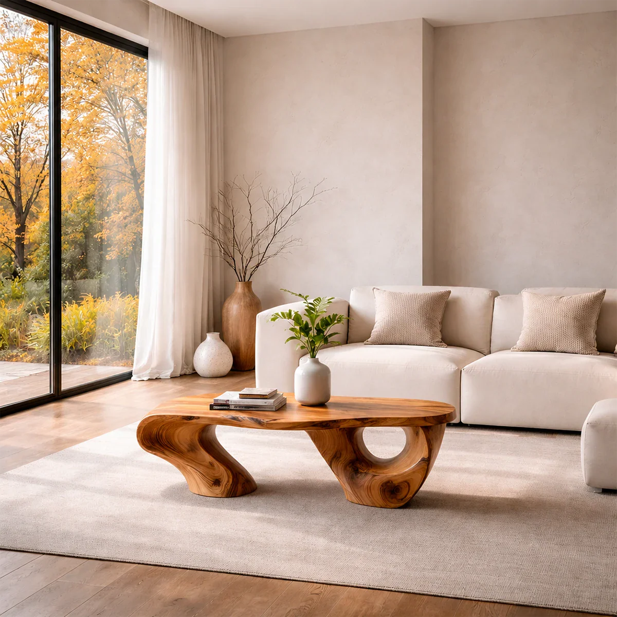 Sculptural Coffee Table – Solid Wood Artistic Form with Open Base