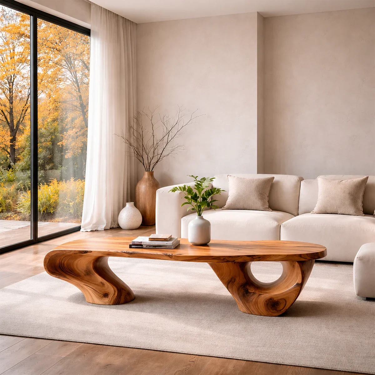 Sculptural Coffee Table – Solid Wood Artistic Form with Open Base