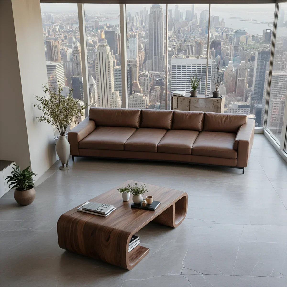 Coffee table with dark walnut finish featuring smooth edges and flowing base in a modern living space