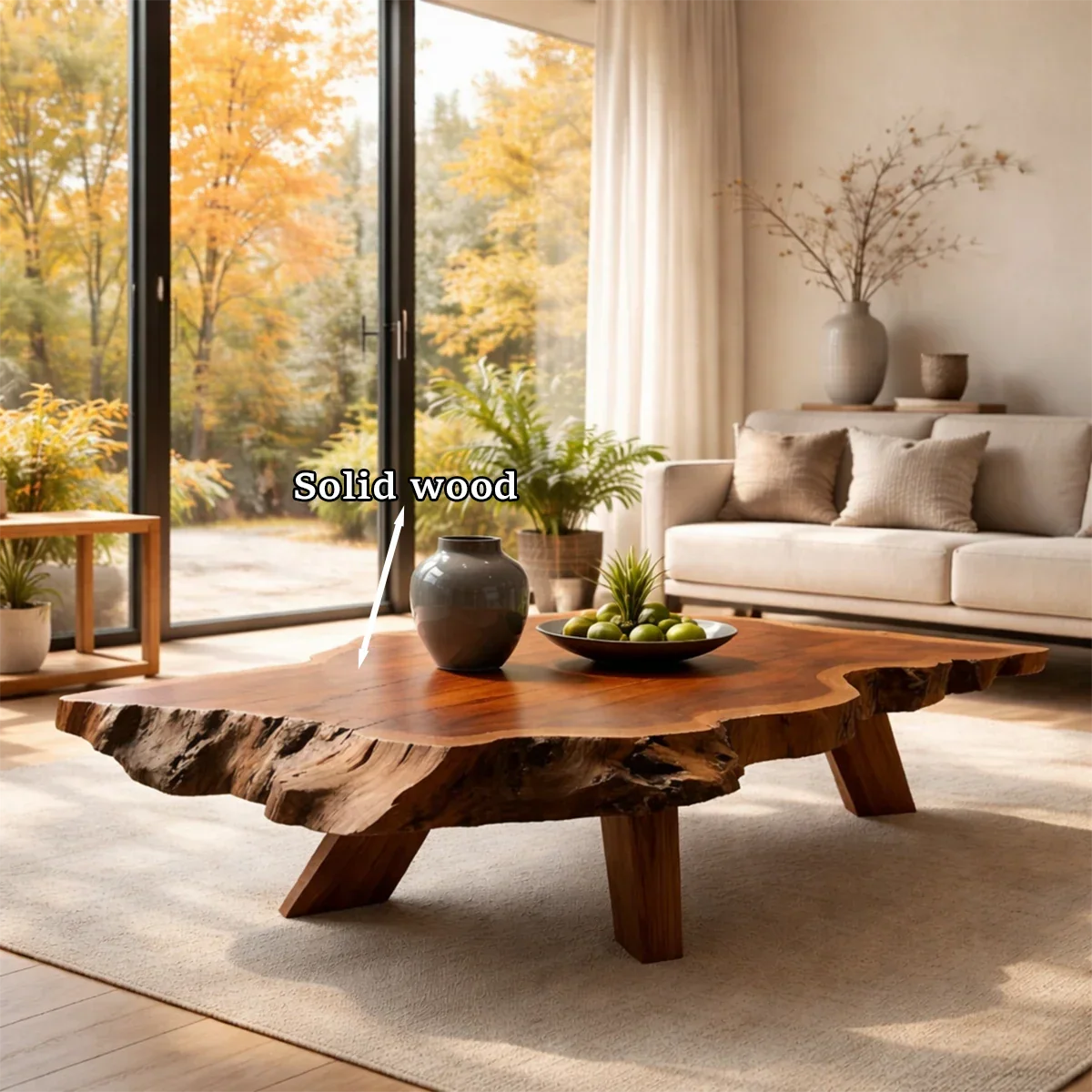 Deep brown coffee table with flowing base shape and rounded top in a clean contemporary space