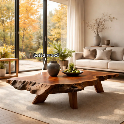 Deep brown coffee table with flowing base shape and rounded top in a clean contemporary space