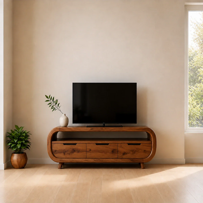 Curved Edge TV Stand Solid Wood Media Console Low Profile Storage