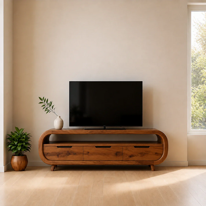 Curved Edge TV Stand Solid Wood Media Console Low Profile Storage