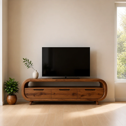 Curved Edge TV Stand Solid Wood Media Console Low Profile Storage