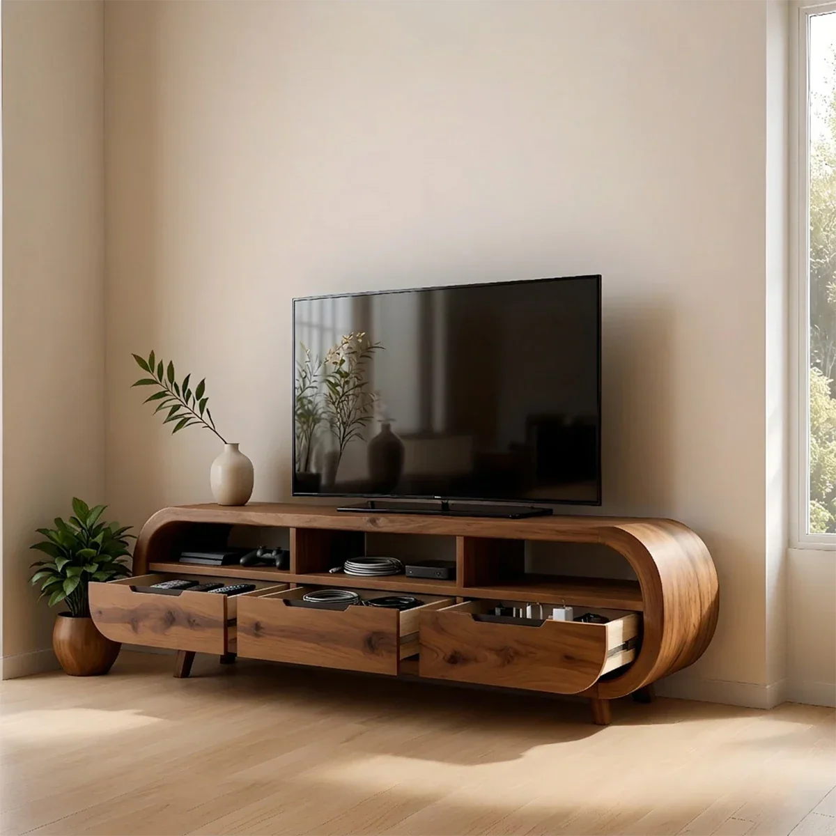 TV stand in espresso brown finish with clean silhouette and refined grain detail in a bright space