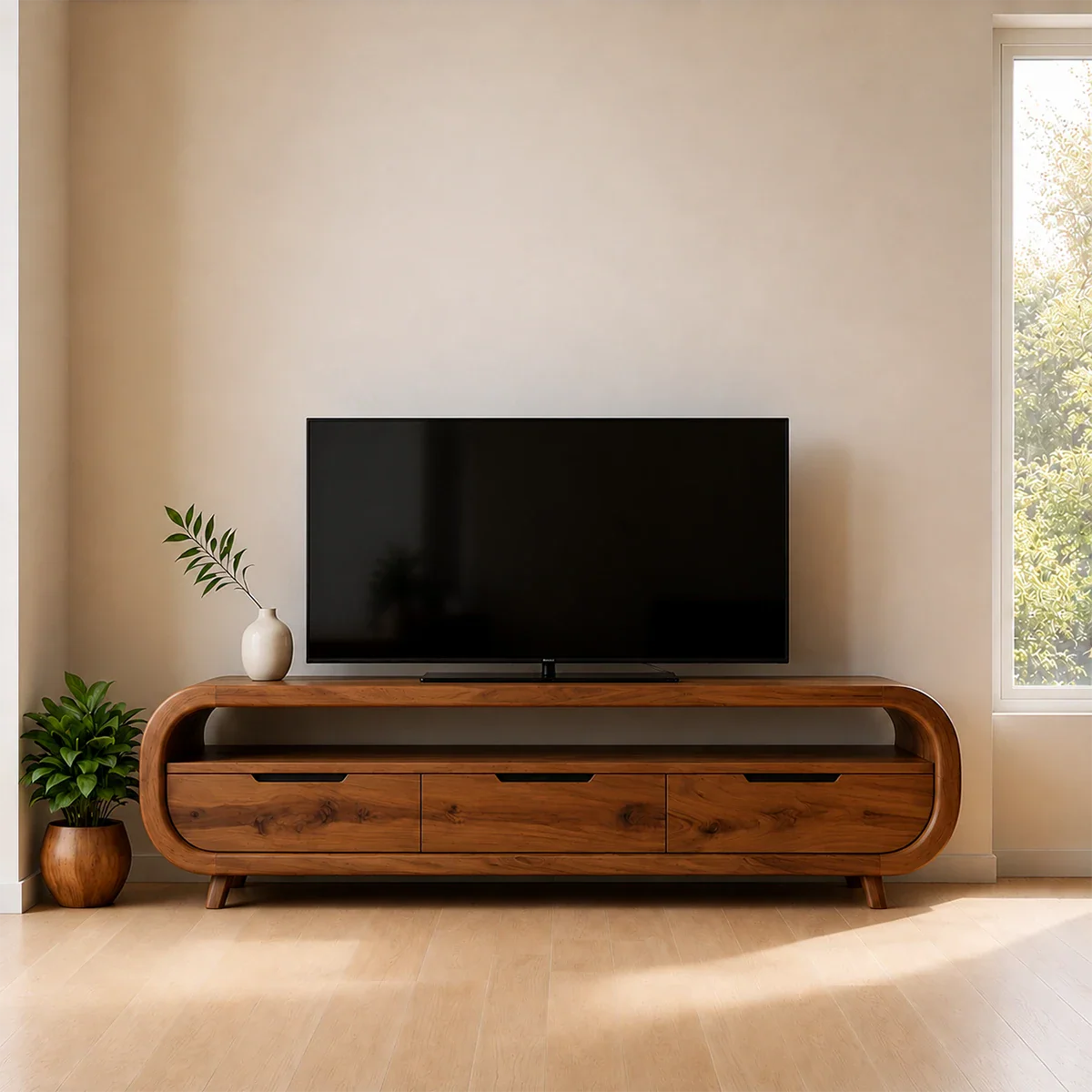 Curved Edge TV Stand Solid Wood Media Console Low Profile Storage