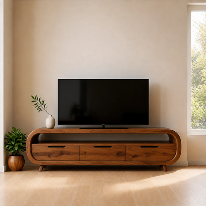 Curved Edge TV Stand Solid Wood Media Console Low Profile Storage