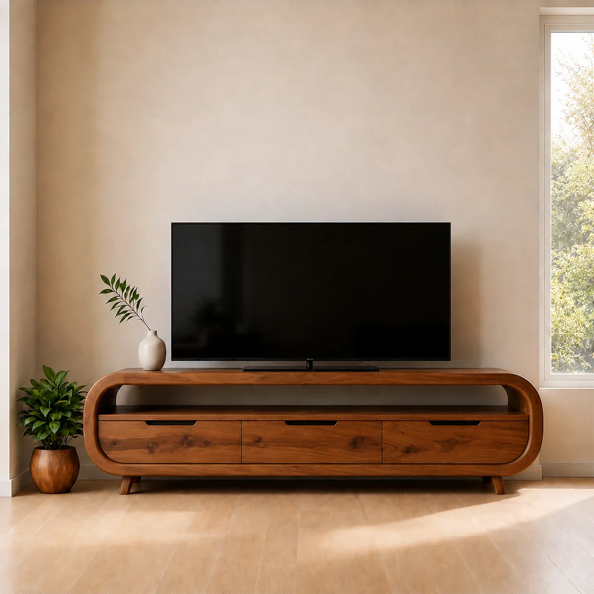 Curved Edge TV Stand Solid Wood Media Console Low Profile Storage