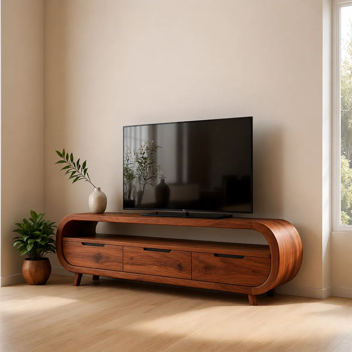 Wooden TV stand with a television in a room with a window and plants.