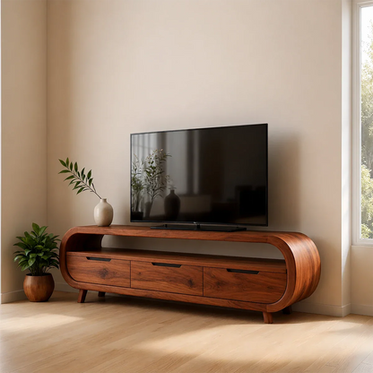 Wooden TV stand with a television in a room with a window and plants.