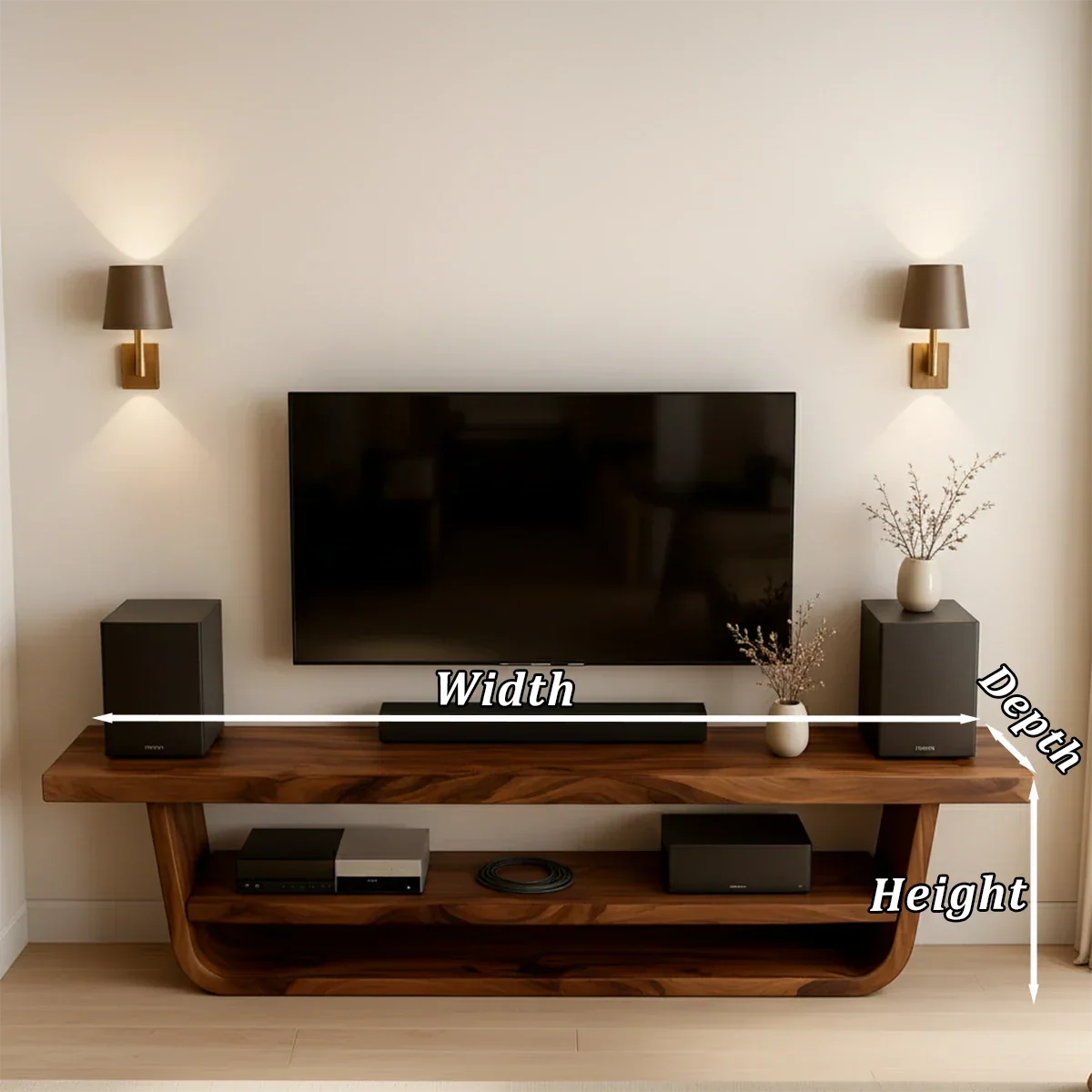 Natural brown TV stand with smooth front panels and elegant minimal design in a calm interior