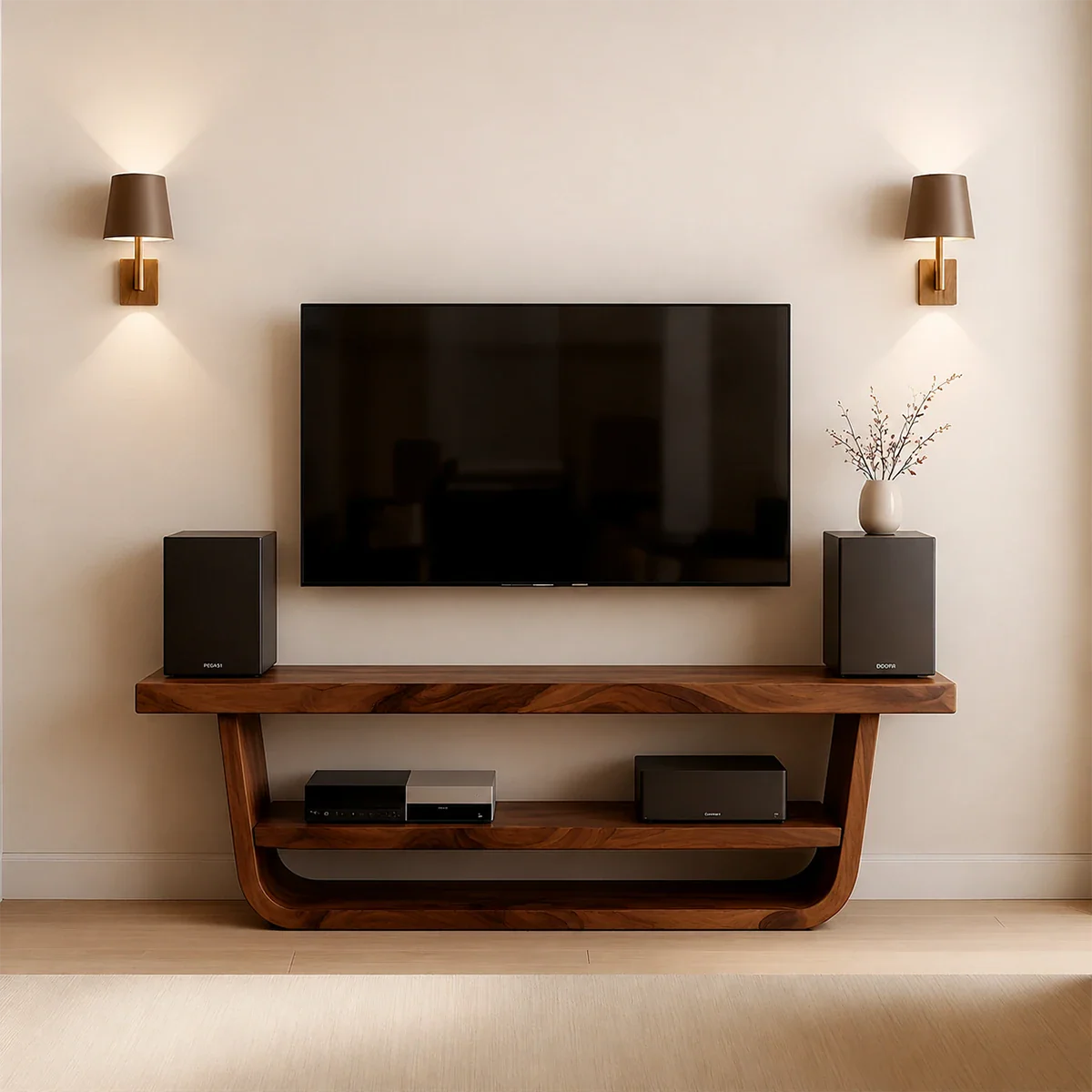 Solid Wood TV Stand with Open Frame Design and Display Shelving
