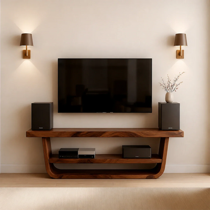 Solid Wood TV Stand with Open Frame Design and Display Shelving