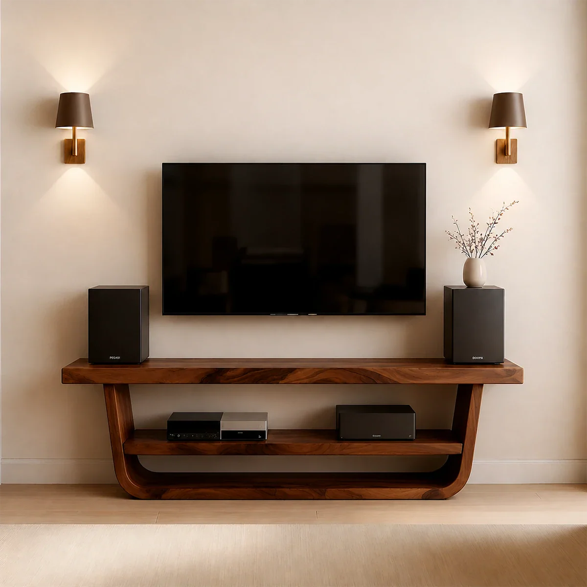 Solid Wood TV Stand with Open Frame Design and Display Shelving