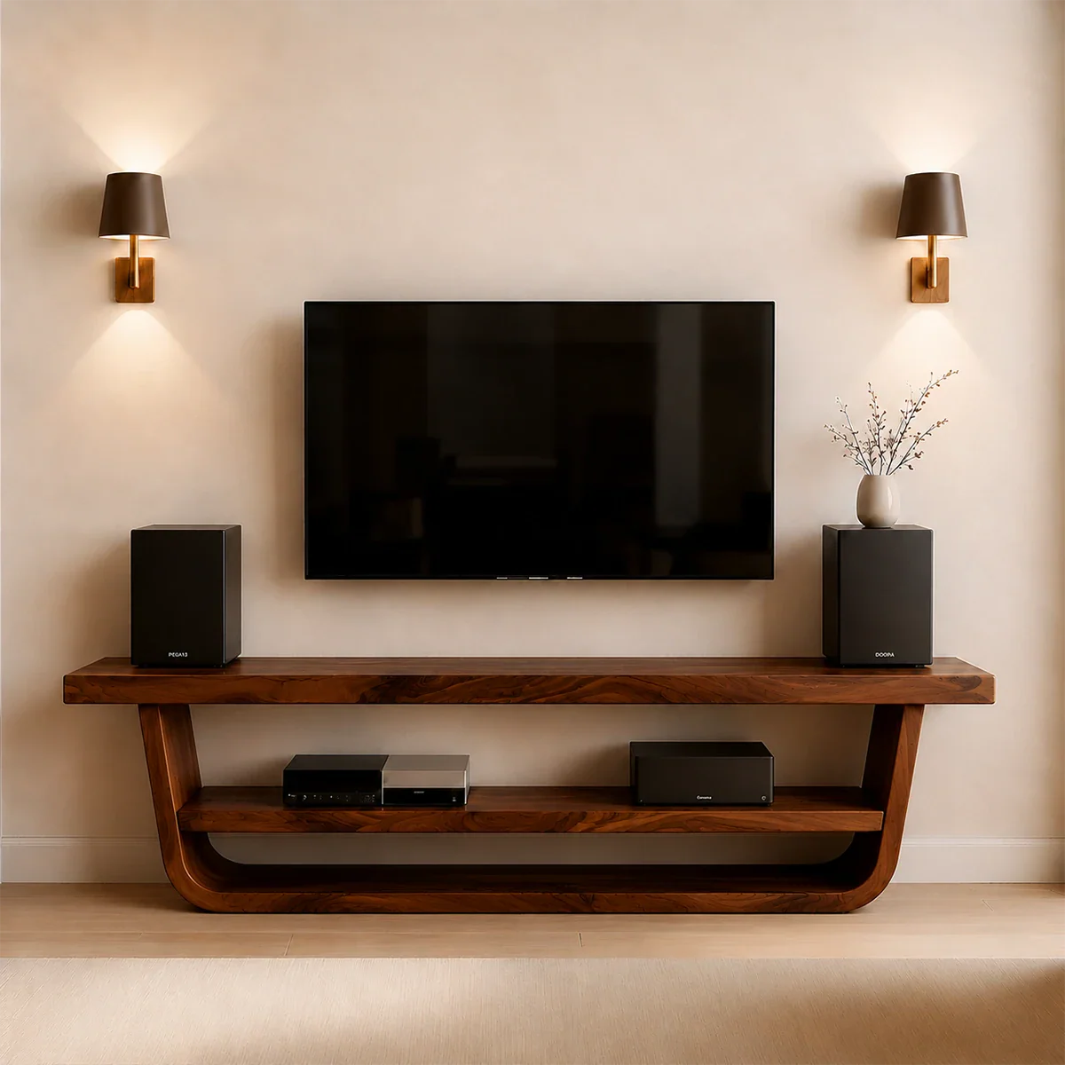 Solid Wood TV Stand with Open Frame Design and Display Shelving