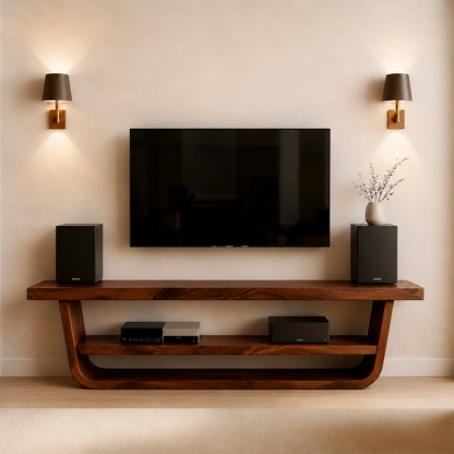 Solid Wood TV Stand with Open Frame Design and Display Shelving