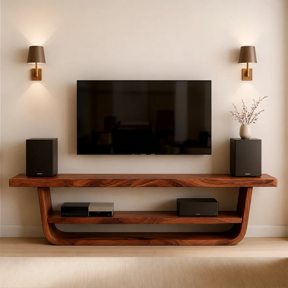 This TV stand is made of natural wood with clean lines and subtle wood grain, suitable for neutral spaces.