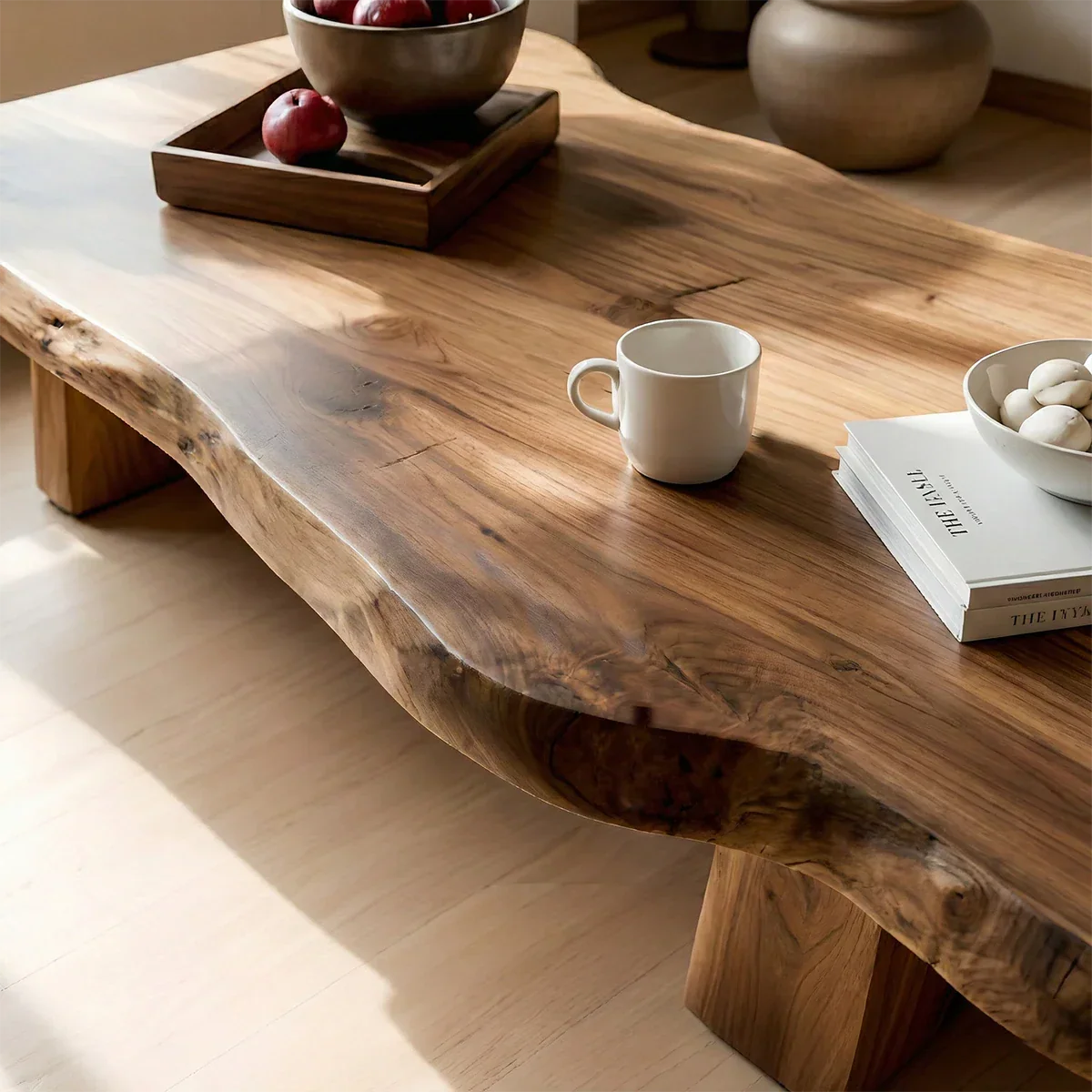 Walnut coffee table with curved surface and clean lines