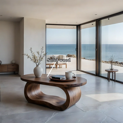 Coffee table in walnut look with artistic base design and soft curves in a bright modern interior space