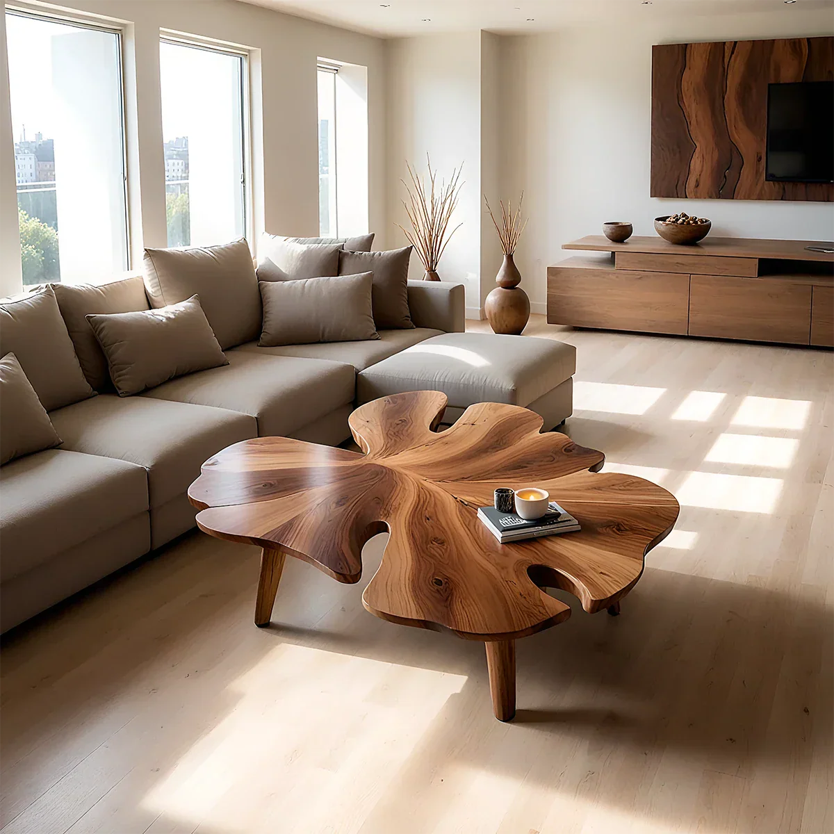Walnut stain coffee table with curved sculptural base and smooth surface in a modern living space