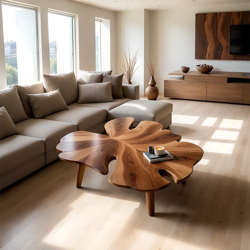 Walnut stain coffee table with curved sculptural base and smooth surface in a modern living space