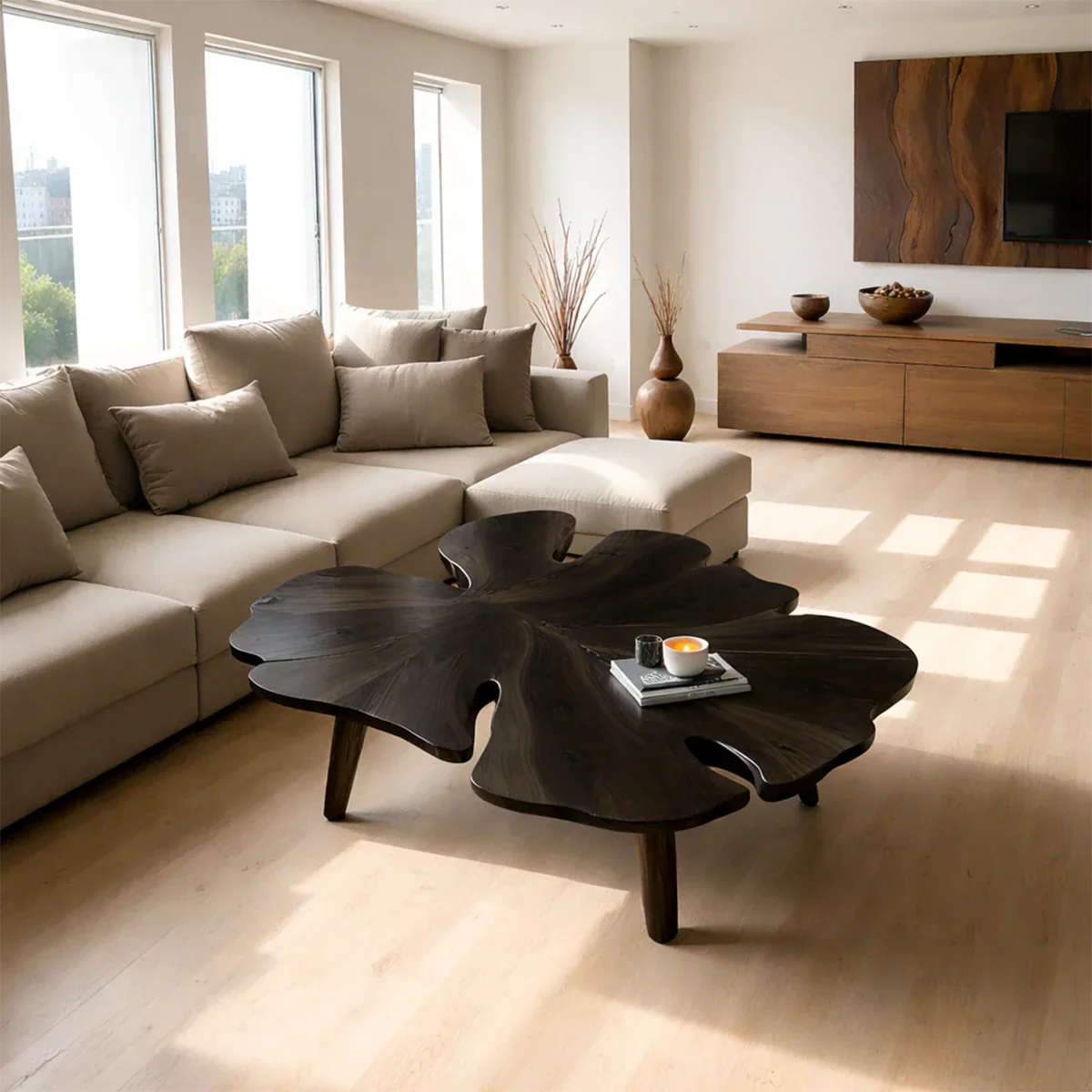 Coffee table in black stain with artistic base design and soft curves in a bright modern interior