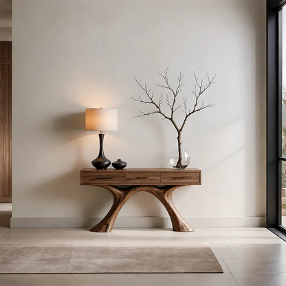 Natural Solid Wood Console Table with Storage Drawers for Modern Entryways