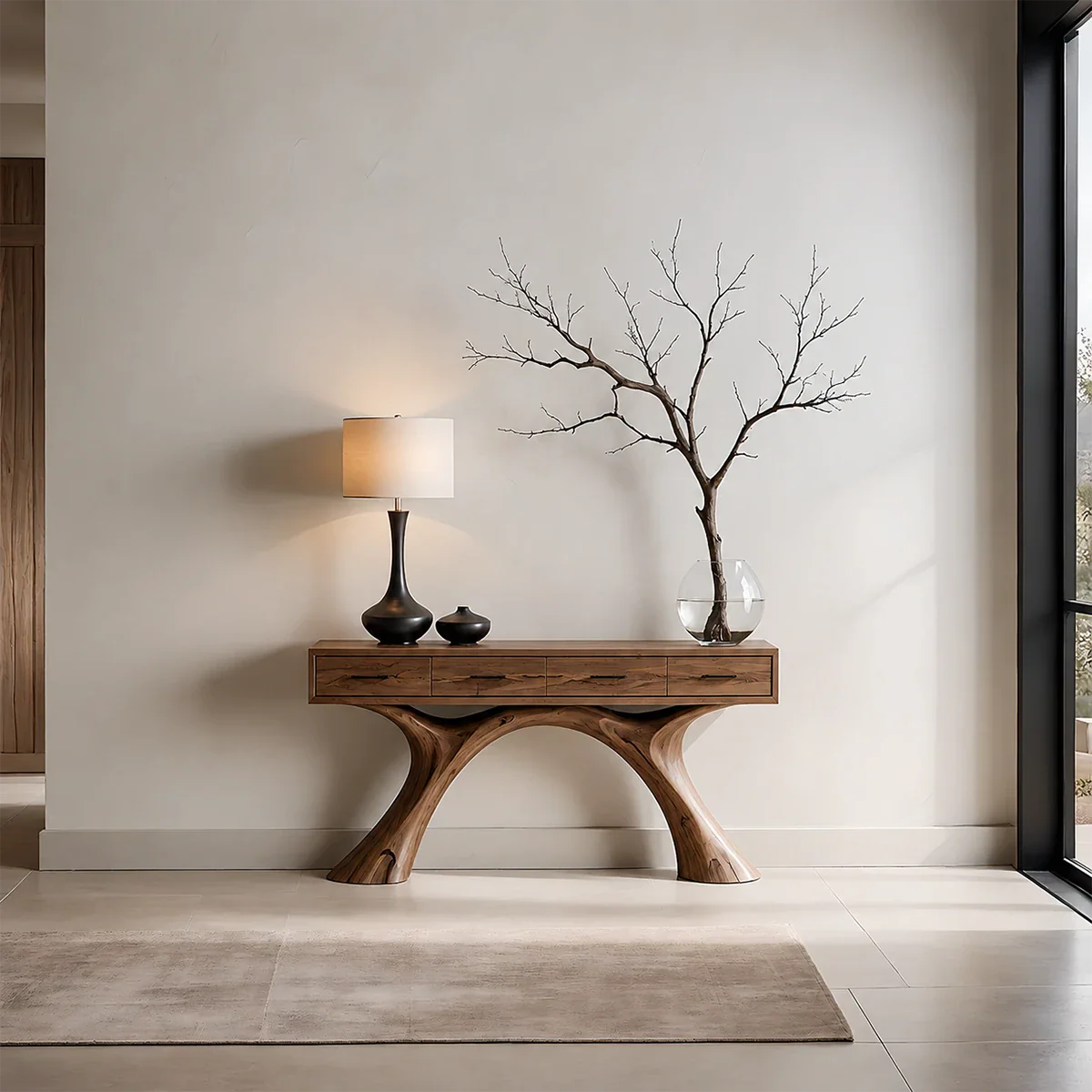 Natural Solid Wood Console Table with Storage Drawers for Modern Entryways