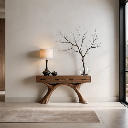 Natural Solid Wood Console Table with Storage Drawers for Modern Entryways