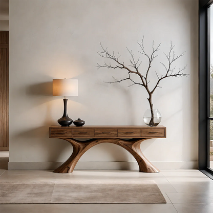 Natural Solid Wood Console Table with Storage Drawers for Modern Entryways
