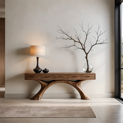 Natural Solid Wood Console Table with Storage Drawers for Modern Entryways
