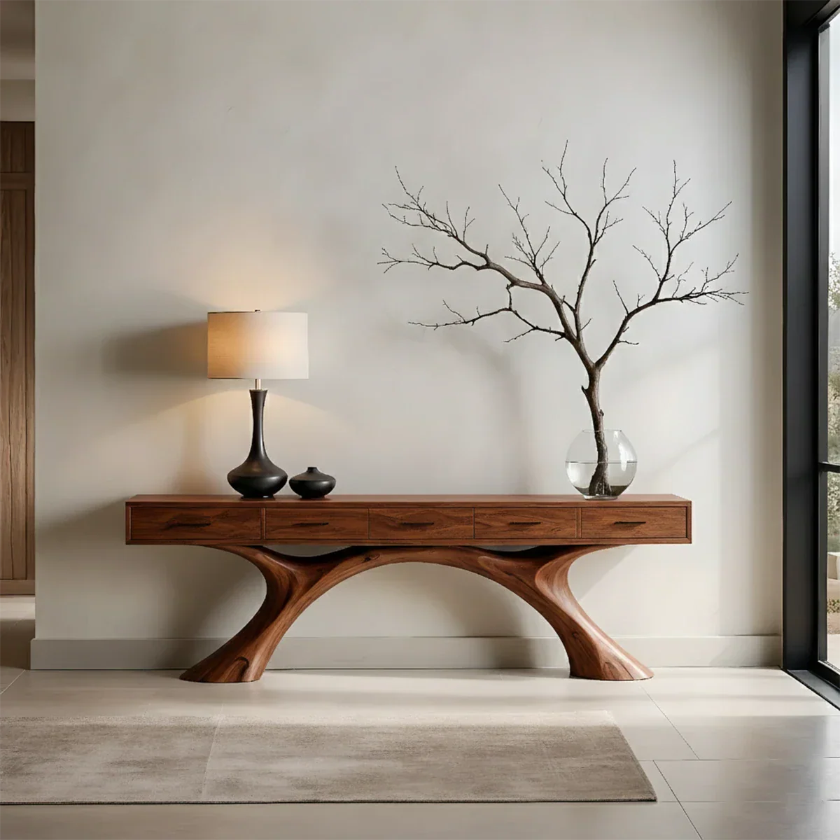 A refined console table in natural wood with dual curved base brings harmony to modern décor