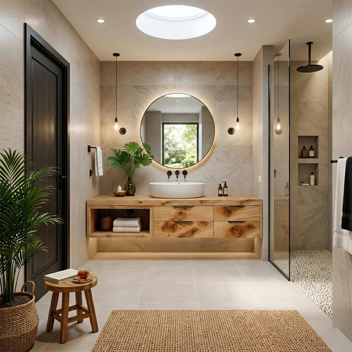 Maple floating bathroom vanity with open side storage