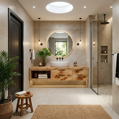 Maple floating bathroom vanity with open side storage
