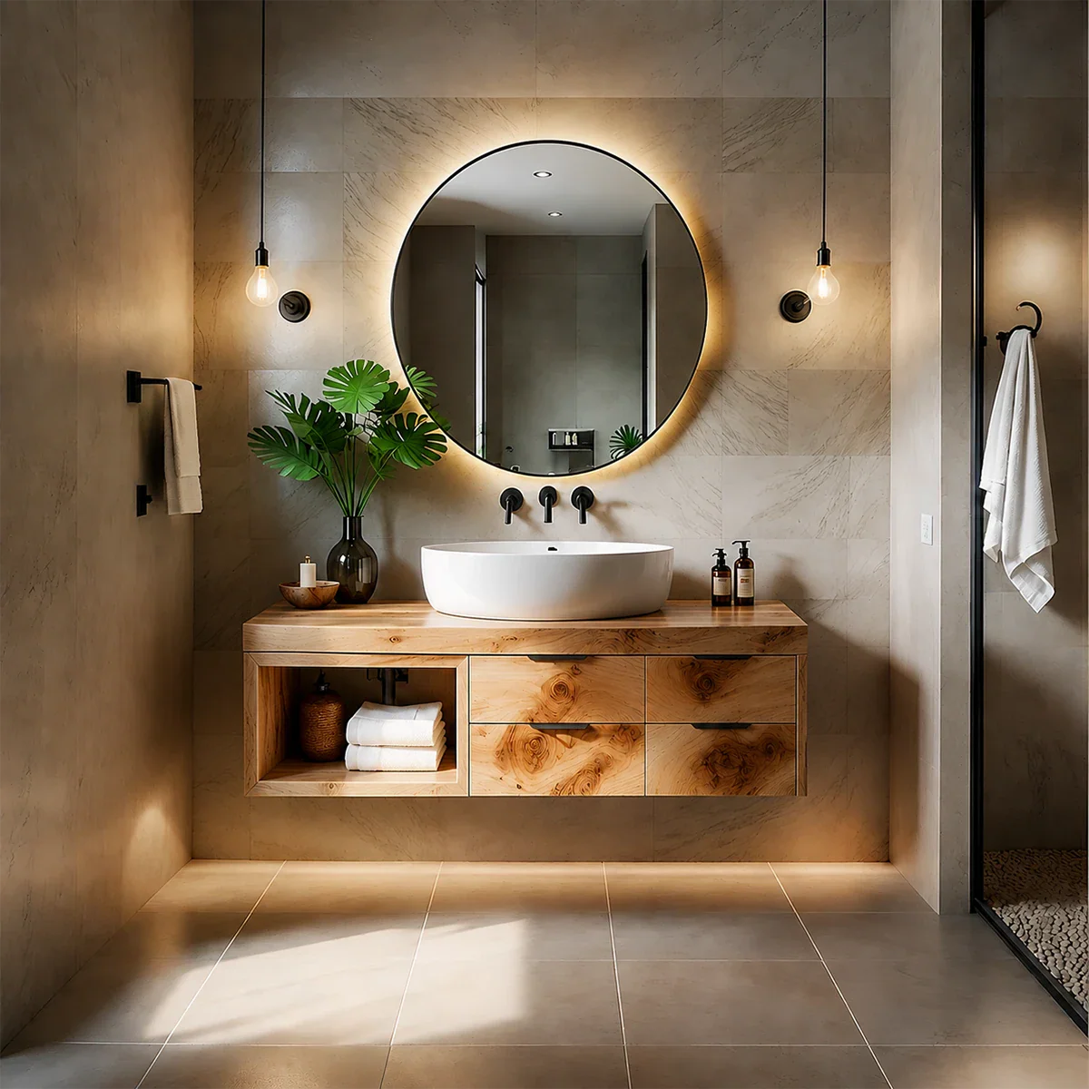 Contemporary Natural Solid Wood Floating Bathroom Vanity With Drawer Storage