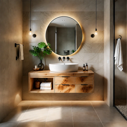 Contemporary Natural Solid Wood Floating Bathroom Vanity With Drawer Storage