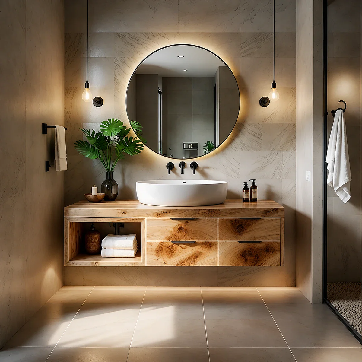 Contemporary Natural Solid Wood Floating Bathroom Vanity With Drawer Storage