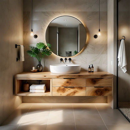 Contemporary Natural Solid Wood Floating Bathroom Vanity With Drawer Storage