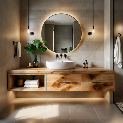 Contemporary Natural Solid Wood Floating Bathroom Vanity With Drawer Storage