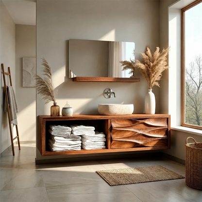 Floating Natural Solid Wood Bathroom Vanity With Sculpted Drawer