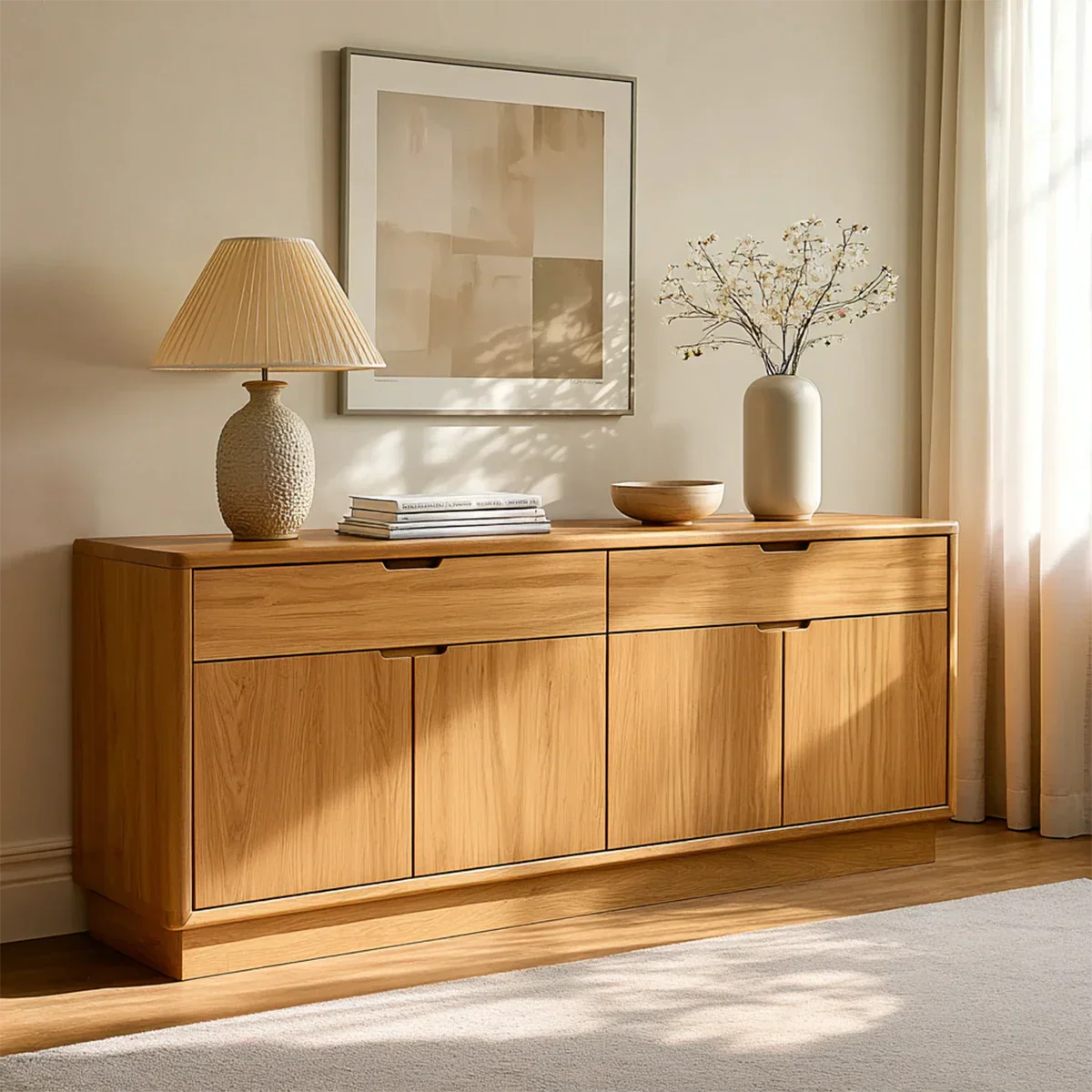 Minimalist sideboard cabinet with clean lined doors and spacious concealed storage design