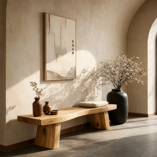 Minimalist wood bench featuring thick slab seat design and smooth oak tone finish entryway seating