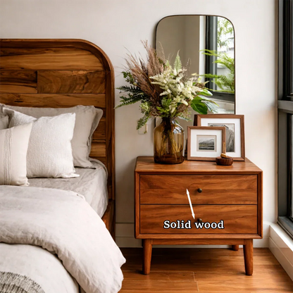 Practical bedroom nightstand showcasing minimal drawer design and polished brown tone finish