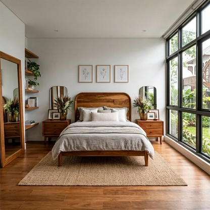Modern bedside table showcasing simple drawer design and warm brown tone finish bedroom style