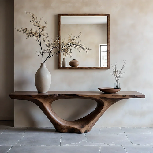 Minimal walnut console table with organic arch base