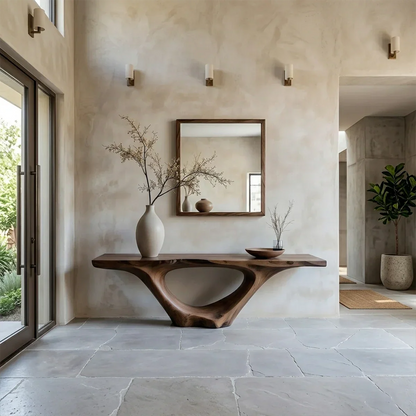 Sculptural walnut console table with hollow arch design