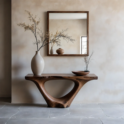 Modern Sculptural Console Table Natural Solid Wood Entryway Hollow Base