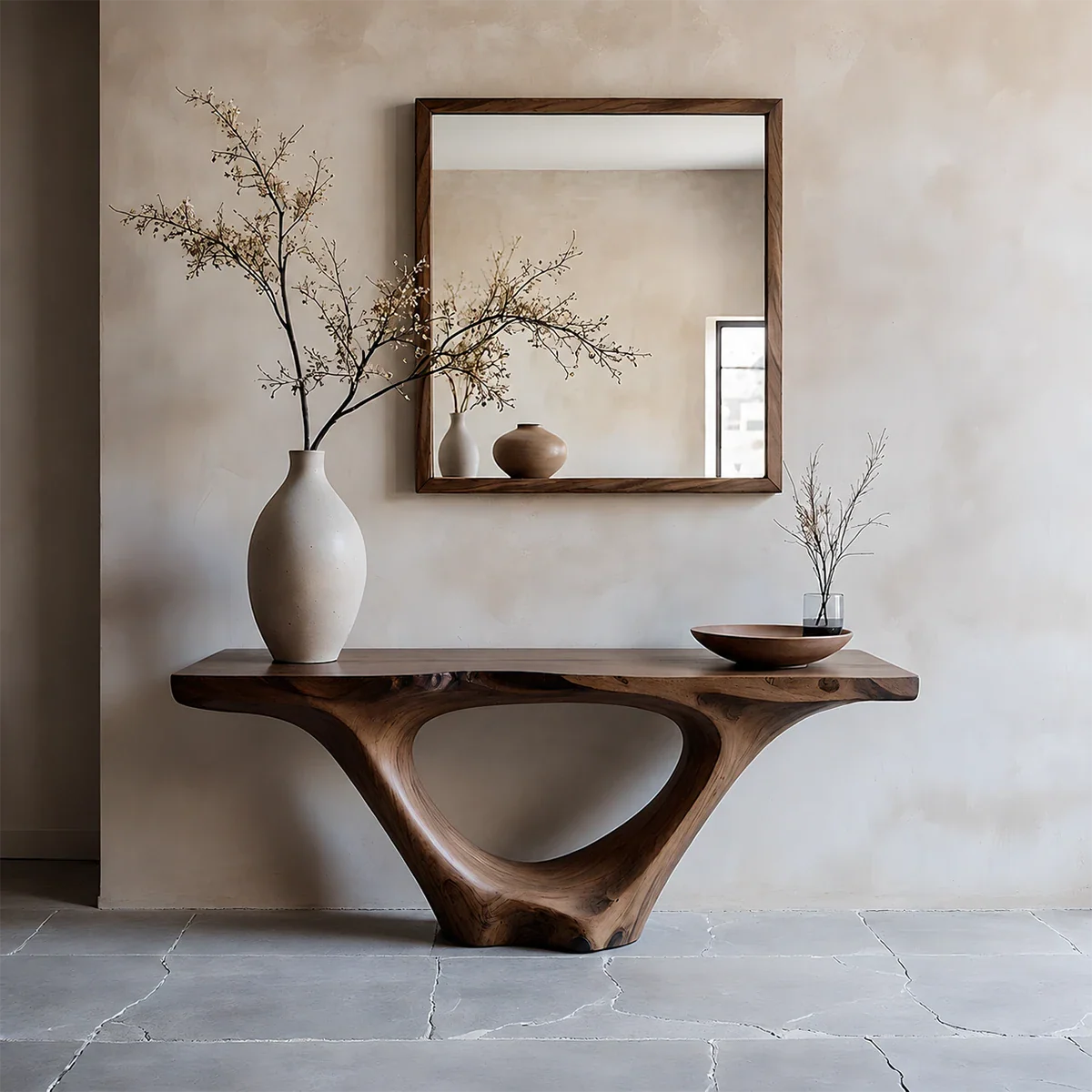 Modern Sculptural Console Table Natural Solid Wood Entryway Hollow Base
